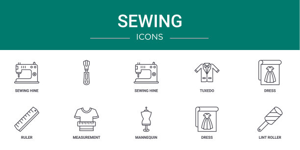 10个轮廓网缝纫图标，如缝纫海恩，，缝制海恩，燕尾服，礼服，尺，测量矢量图标的报告，演示，图表，网页设计，移动应用程序图片下载