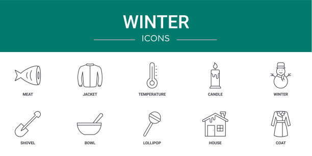 10个大纲网络冬季图标，如肉，夹克，温度，蜡烛，冬天，铲子，碗矢量图标的报告，演示，图表，网页设计，移动应用程序图片下载