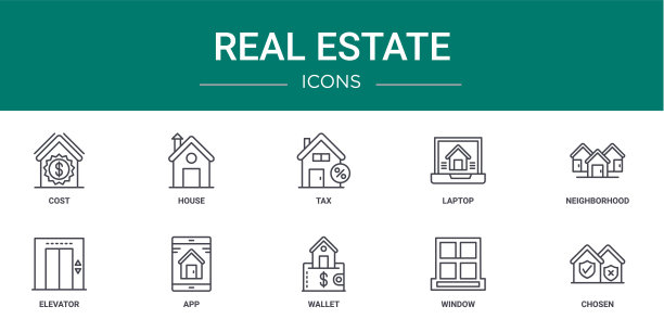 10个大纲web房地产图标，如成本，房子，税收，笔记本电脑，社区，电梯，应用程序矢量图标的报告，演示，图表，网页设计，移动应用程序图片下载