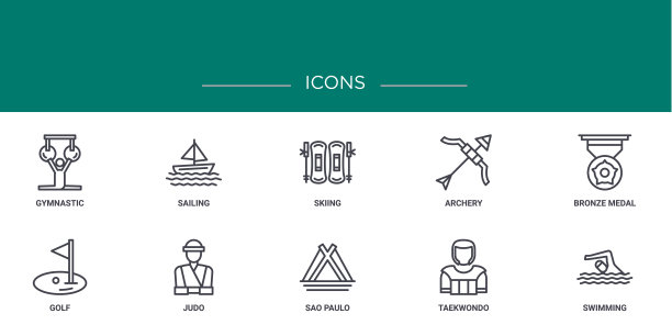 10个大纲网络图标，如体操，帆船，滑雪，射箭，铜牌，高尔夫球，柔道矢量图标报告，演示，图表，网页设计，移动应用程序图片下载