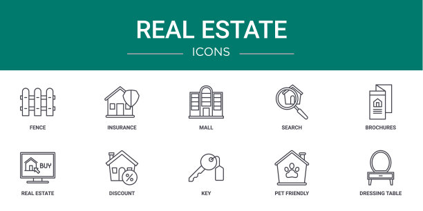 10个大纲网络房地产图标，如围栏，保险，商场，搜索，小册子，房地产，折扣矢量图标的报告，演示，图表，网页设计，移动应用程序图片下载