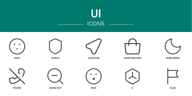 10个大纲web UI图标，如脸，盾牌，位置，购物袋，黑暗模式，电话，缩小矢量图标的报告，演示，图表，网页设计，移动应用程序图片下载