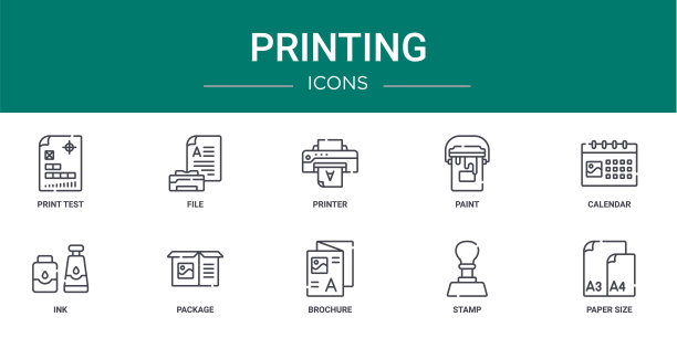 10个大纲网页打印图标，如打印测试，文件，打印机，油漆，日历，墨水，包装矢量图标的报告，演示文稿，图表，网页设计，移动应用程序图片下载