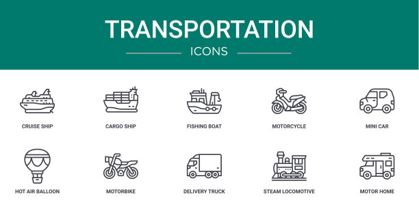 10个大纲网络交通图标，如游轮，货船，渔船，摩托车，迷你汽车，热气球，摩托车矢量图标的报告，演示，图表，网页设计，图片下载