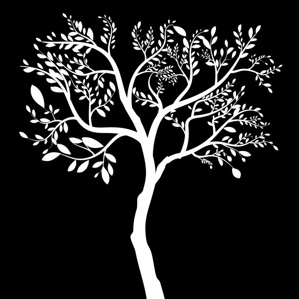 抽象卡通图形树图标与叶子在黑暗的插图背景。图片下载