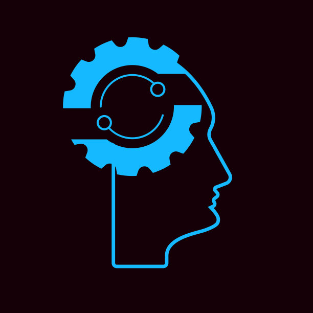 思维图标，齿轮象形文字在头部彩色插图背景。图片下载