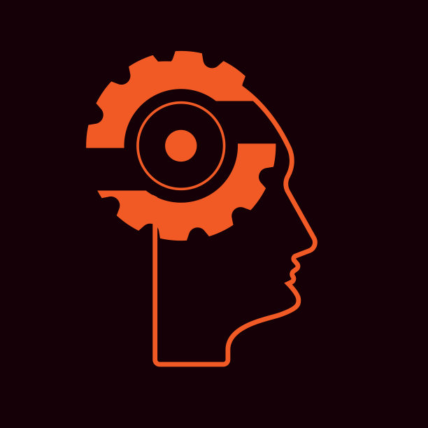 思维图标，齿轮象形文字在头部彩色插图背景。图片下载