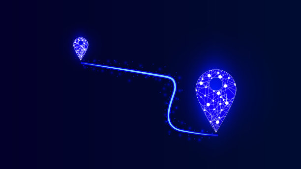 霓虹灯抽象的位置图标，发光的蓝色和紫色的颜色说明背景图片下载