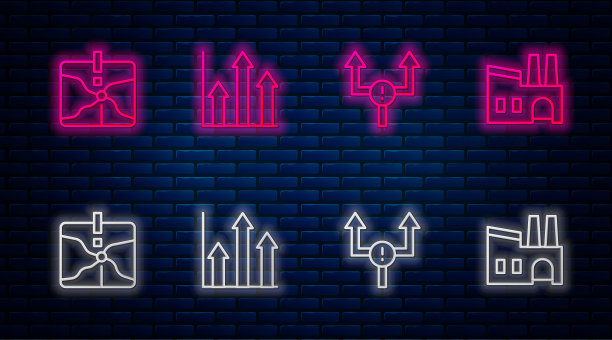设置线饼图信息图，箭头，交点和工厂。砖墙上发光的霓虹灯图标。向量图片下载