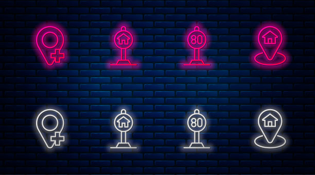 设置线路酒店标志为交通，速度限制，位置和房子。砖墙上发光的霓虹灯图标。向量图片下载