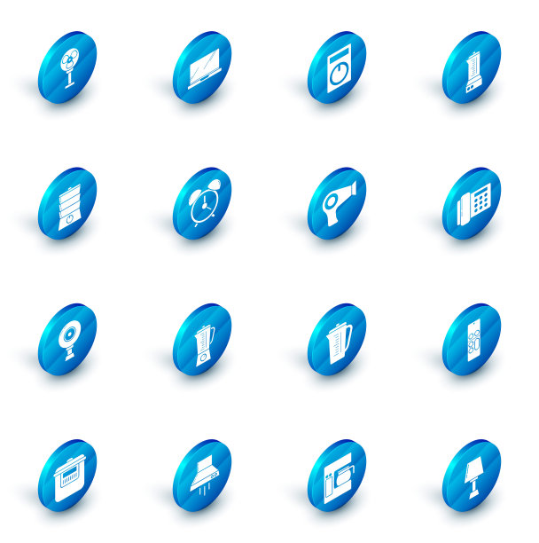 设置笔记本电脑，遥控器，搅拌机，双锅炉，网络摄像头，闹钟，电话和电吹风图标。向量图片下载