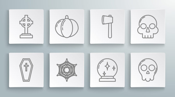设置线棺材与基督十字架，南瓜，蜘蛛网，魔法球，骷髅，木斧，和墓碑图标。向量图片下载