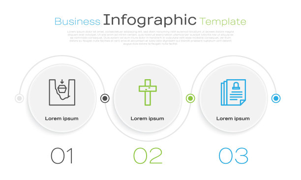设置线棺材在坟墓，基督十字架和死亡证明。业务信息图模板。向量图片下载