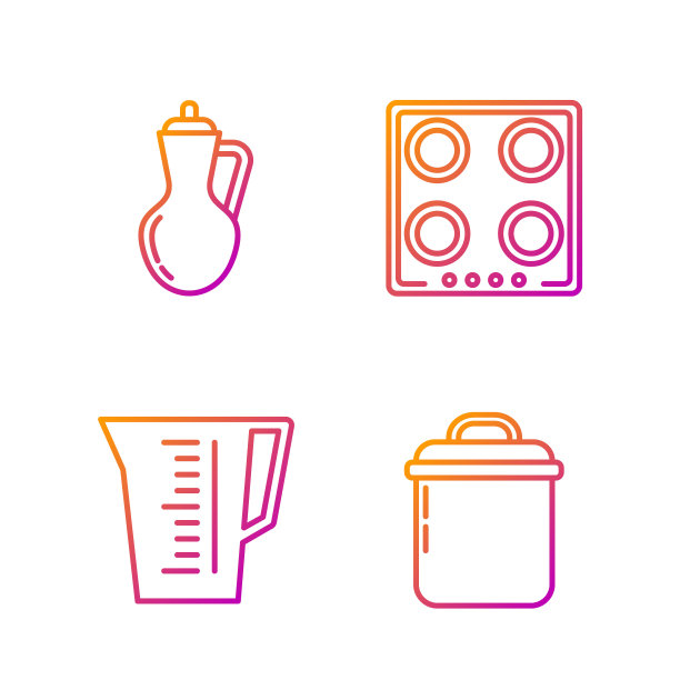 设置线锅，量杯，橄榄油瓶和煤气炉。渐变颜色图标。向量图片下载