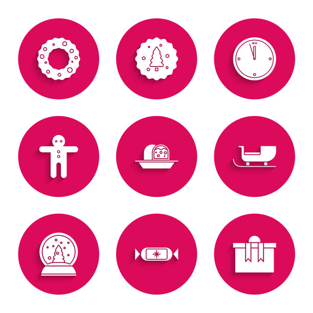 集杏仁软糖海绵蛋糕，糖果，礼盒，圣诞圣诞老人雪橇，雪花球，节日姜饼人饼干，时钟和花环图标。向量图片下载