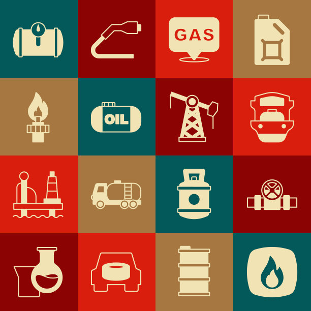 设置火焰，金属管道和阀门，油轮船，位置加油站，存储，钻机与火，气体车辆和泵泵千斤顶图标。向量图片下载