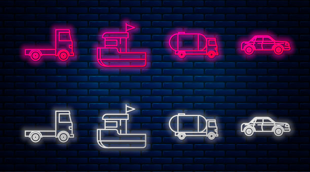 设置线渔船，油罐车，运货车和轿车。砖墙上发光的霓虹灯图标。向量图片下载