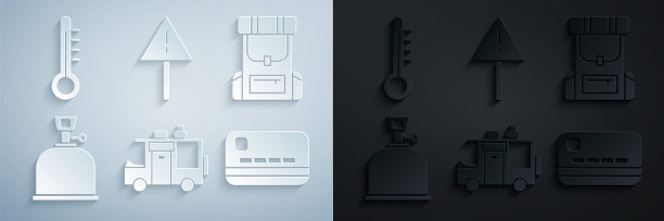 设置房车露营拖车，徒步旅行背包，煤气炉，信用卡，惊叹号三角形和气象温度计图标。向量图片下载