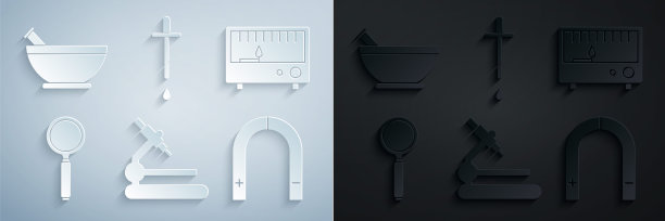 设置显微镜，电子测量仪器，放大镜，磁铁，移液管和研钵和杵图标。向量图片下载