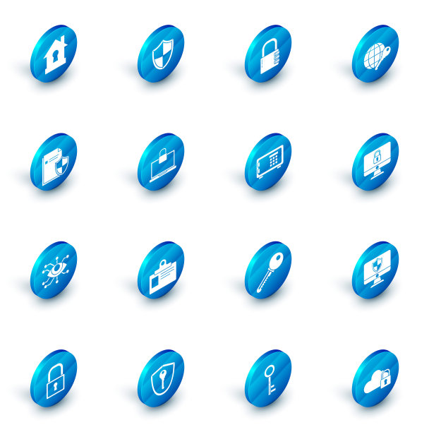 设置盾牌，安全密码锁，全球钥匙，文件保护概念，眼睛扫描，笔记本电脑和，锁电脑显示器屏幕和图标。向量图片下载