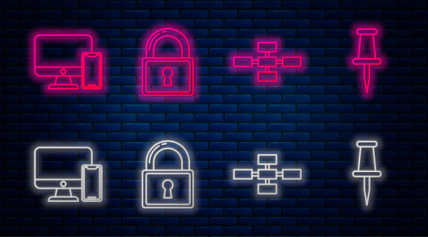 设置线路锁，业务层级组织结构图信息图，电脑显示器和手机，推杆。砖墙上发光的霓虹灯图标。向量图片下载