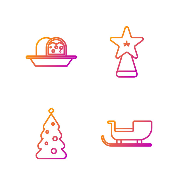 设置线圣诞圣诞老人雪橇，圣诞树装饰，杏仁软糖海绵蛋糕和圣诞星。渐变颜色图标。向量图片下载