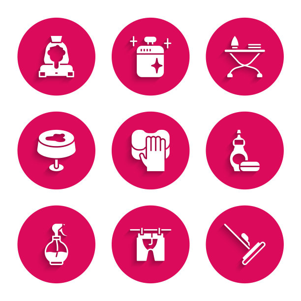 成套清洁服务，晾晒衣物，拖把，洗洁精瓶，喷水，台布染色，熨斗和熨衣板，女士图标。向量图片下载