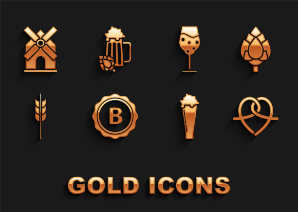 集瓶盖铭文啤酒，啤酒花，椒盐卷饼，玻璃，谷物集大米，小麦，玉米，燕麦，黑麦，大麦，风车和啤酒花图标。向量图片下载