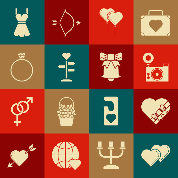 集两颗相连的心，糖果心形盒子和蝴蝶结，照片相机，气球形式的丝带，路标，钻石订婚戒指，女子礼服和铃声图标。向量图片下载