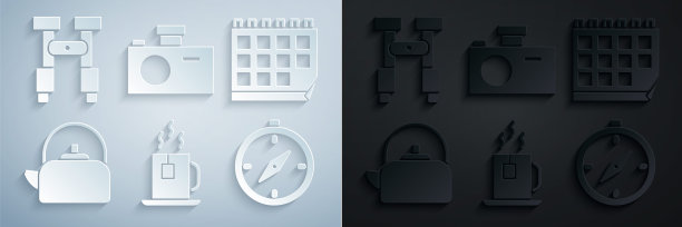 茶杯与茶包，日历，水壶处理，指南针，照片相机和双筒望远镜图标。向量图片下载