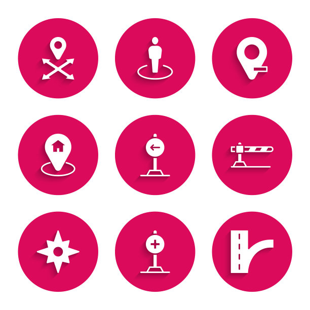 设置交通标志左转，位置与十字医院，道路交通，停车屏障，风玫瑰，房子，和图标。向量图片下载