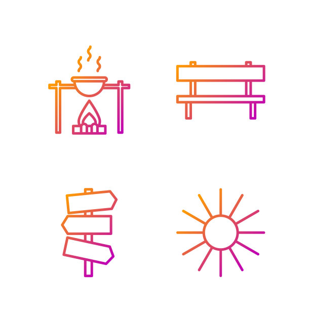 设置行太阳，道路交通路标，篝火和锅和板凳。渐变颜色图标。向量图片下载