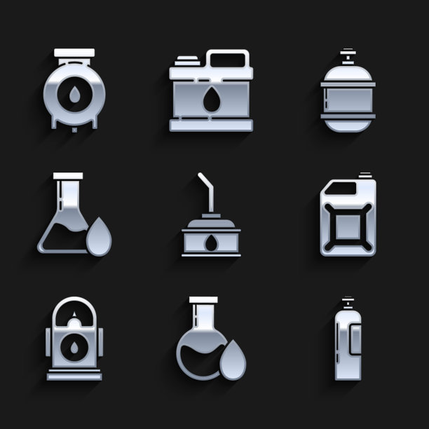 设置汽油机机油罐，油汽油试管，工业气瓶罐，汽油，汽油加油站，丙烷和工业厂房图标。向量图片下载