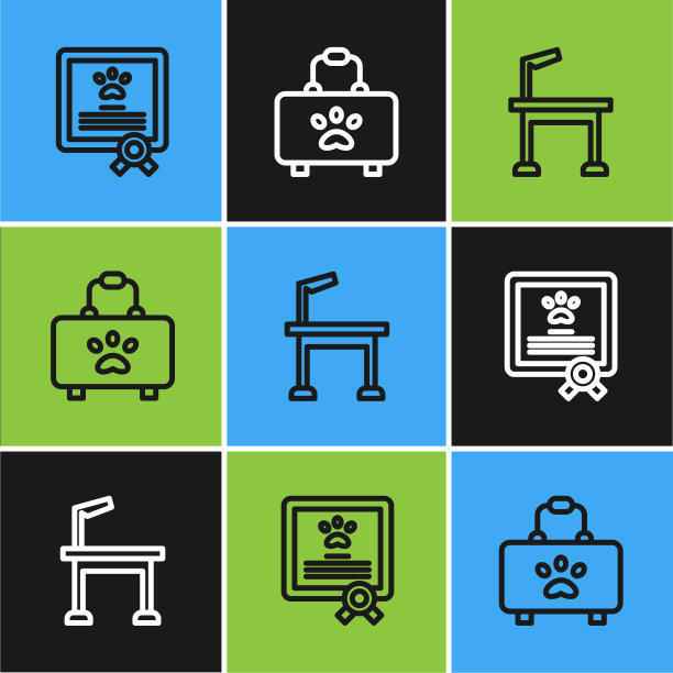 设置猫狗线路证书，宠物美容台和急救箱图标。向量图片下载
