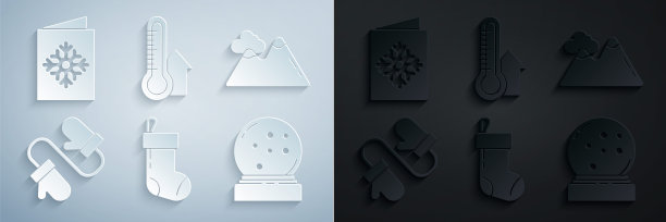 集圣诞袜，山，一对针织圣诞手套，雪花球与落下的雪，气象温度计测量和明信片图标。向量图片下载