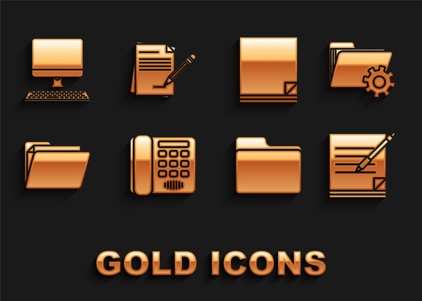 设置电话，文件夹设置与齿轮，空白笔记本和笔，文件文件夹，文件文件，电脑显示器键盘和铅笔橡皮擦图标。向量图片下载