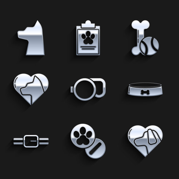 设置可伸缩绳皮带，狗和药丸，心脏与狗，宠物食物碗，项圈名牌，猫，玩具骨头橡胶球和猫图标。向量图片下载