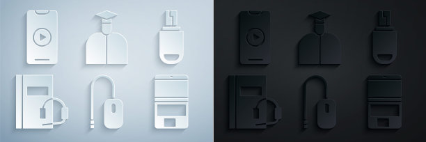 设置电脑鼠标、u盘、有声书、笔记本电脑、学生和在线播放视频图标。向量图片下载