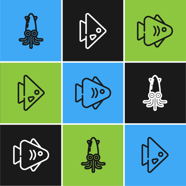 设置线章鱼，鱼和图标。向量图片下载