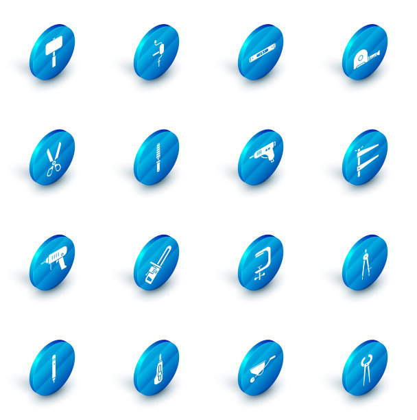 设置手钻，建设气泡水平，轮盘建设，剪刀，电机，凿子工具的木材，夹具和热胶枪图标。向量图片下载