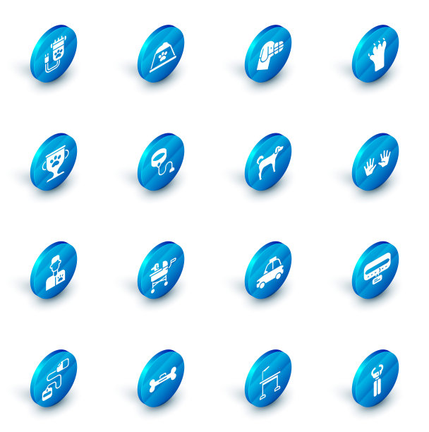 设置宠物食物碗，狗在口鼻，爪印，奖项，兽医，可伸缩绳绳绳，医用橡胶手套和图标。向量图片下载