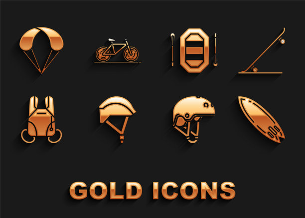 设置自行车头盔，滑板，冲浪板，头盔，降落伞，漂流船，和图标。向量图片下载