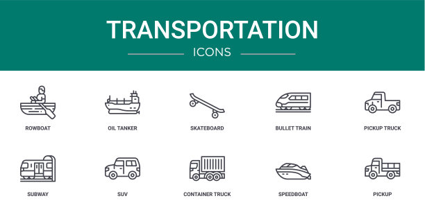 10个大纲网络交通图标，如划艇，油轮，滑板，子弹头列车，皮卡，地铁，suv矢量图标的报告，演示，图表，网页设计，移动应用程序图片下载