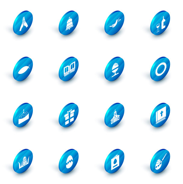 设置钟声，和平鸽与橄榄枝，葡萄酒瓶玻璃，基督教鱼，复活节蛋糕和蜡烛，圣经书，太阳和鸡蛋的站立图标。向量图片下载