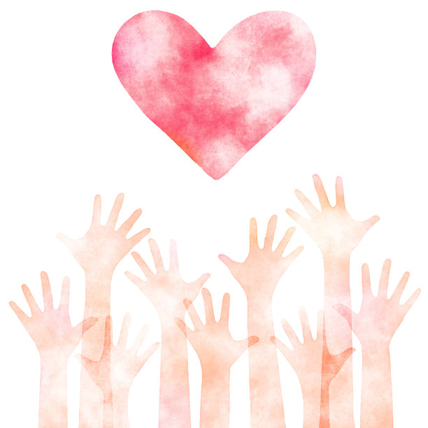 许多手和一颗红心，水彩的纹理图片下载