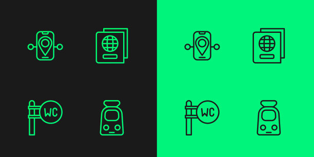 设置线路火车和铁路，厕所，路线位置和护照图标。向量图片下载