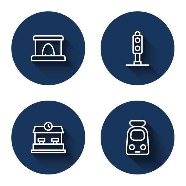 设置线路铁路隧道、列车红绿灯、车站及铁路长影。蓝色圆圈按钮。向量图片下载