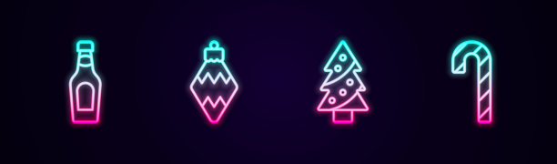 设置线香槟瓶，圣诞玩具，树和拐杖糖与条纹。发光的霓虹灯图标。向量图片下载