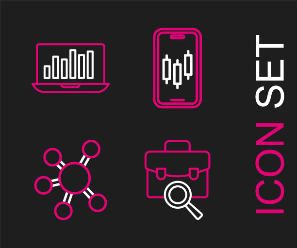 设置线上工作搜索，项目团队基地，移动股票交易和笔记本电脑图形图表图标。向量图片下载