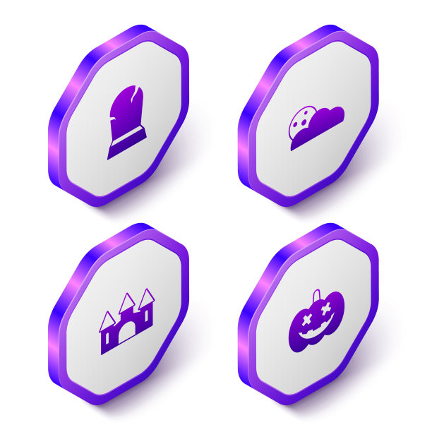 设置等距墓碑与RIP写，月亮和星星，城堡和南瓜图标。紫色六角形扣子。向量图片下载